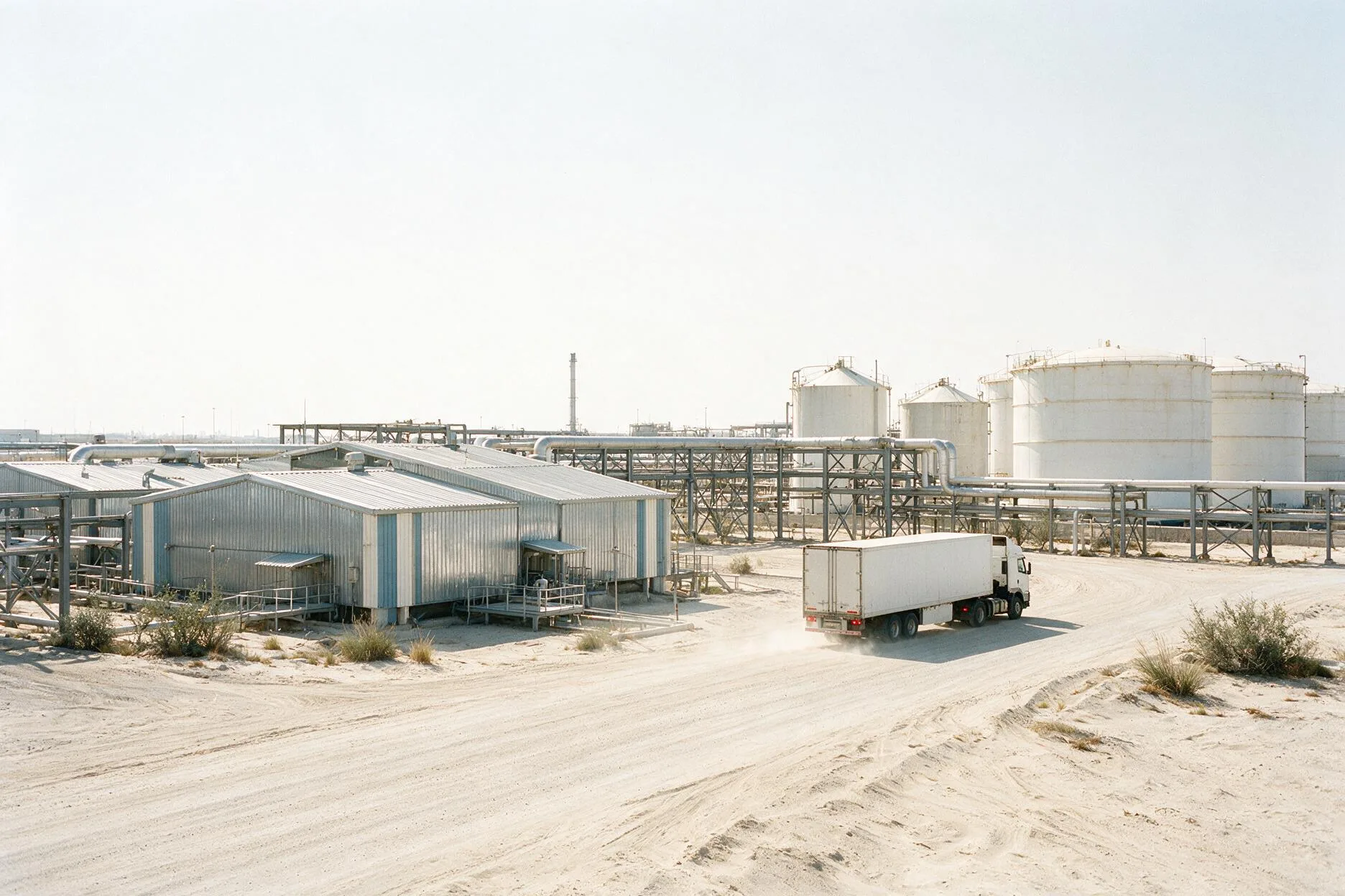Industrial area near Dammam with steel-framed warehouses, pipe racks and storage tanks