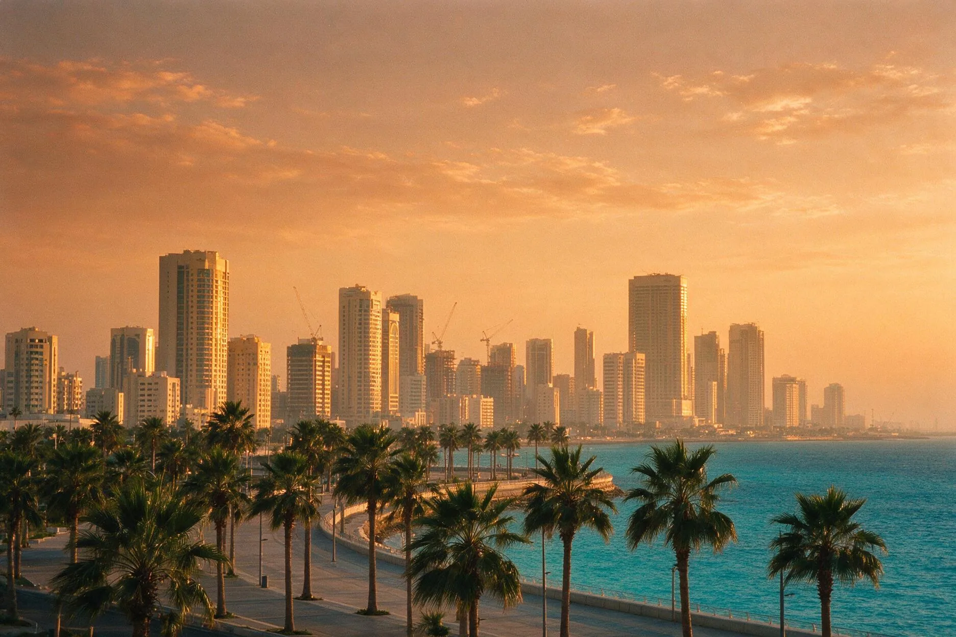 Jeddah waterfront skyline on the Red Sea corniche with towers and construction cranes at golden hour