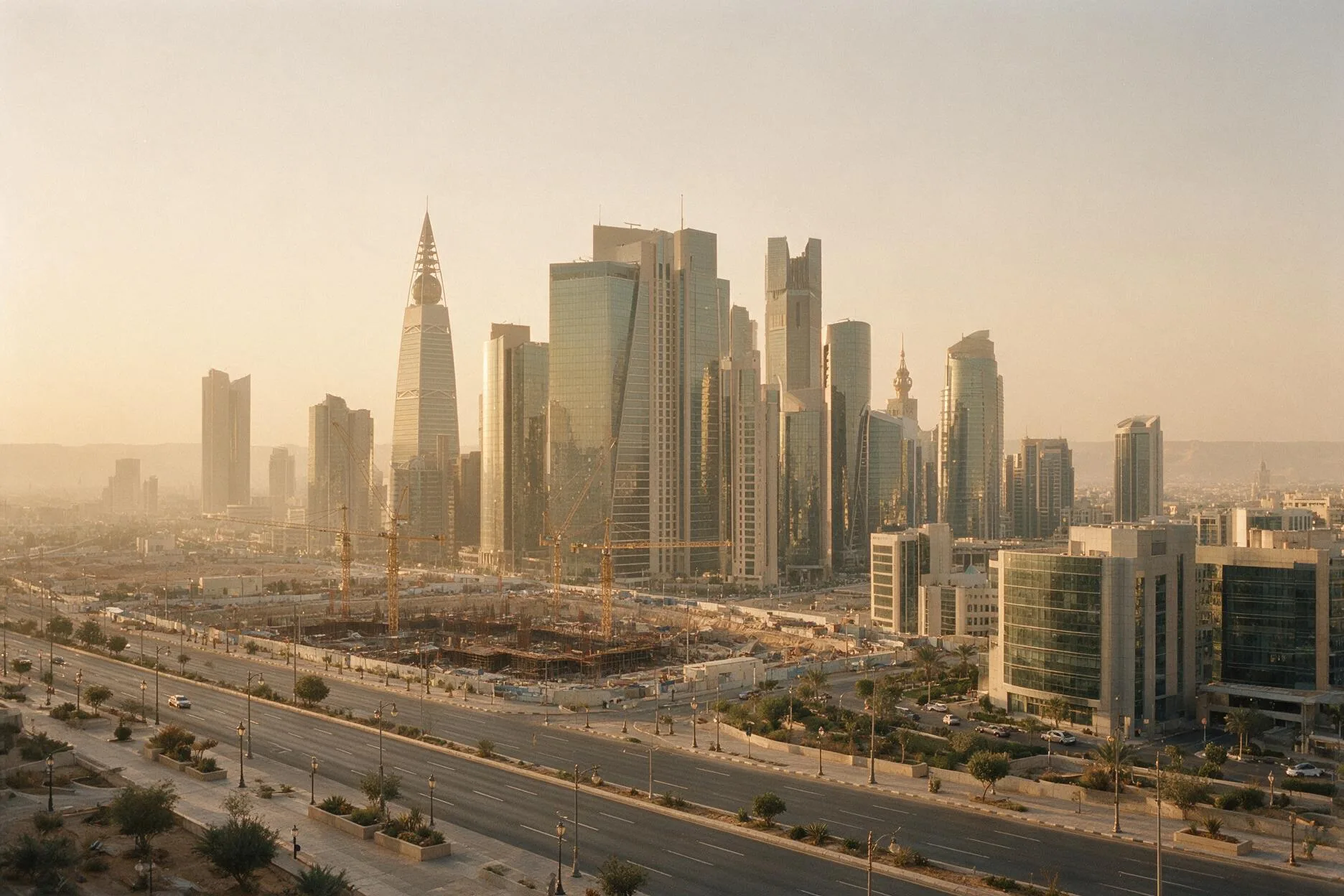 Riyadh skyline with modern glass office towers and tower cranes over a construction site in desert haze