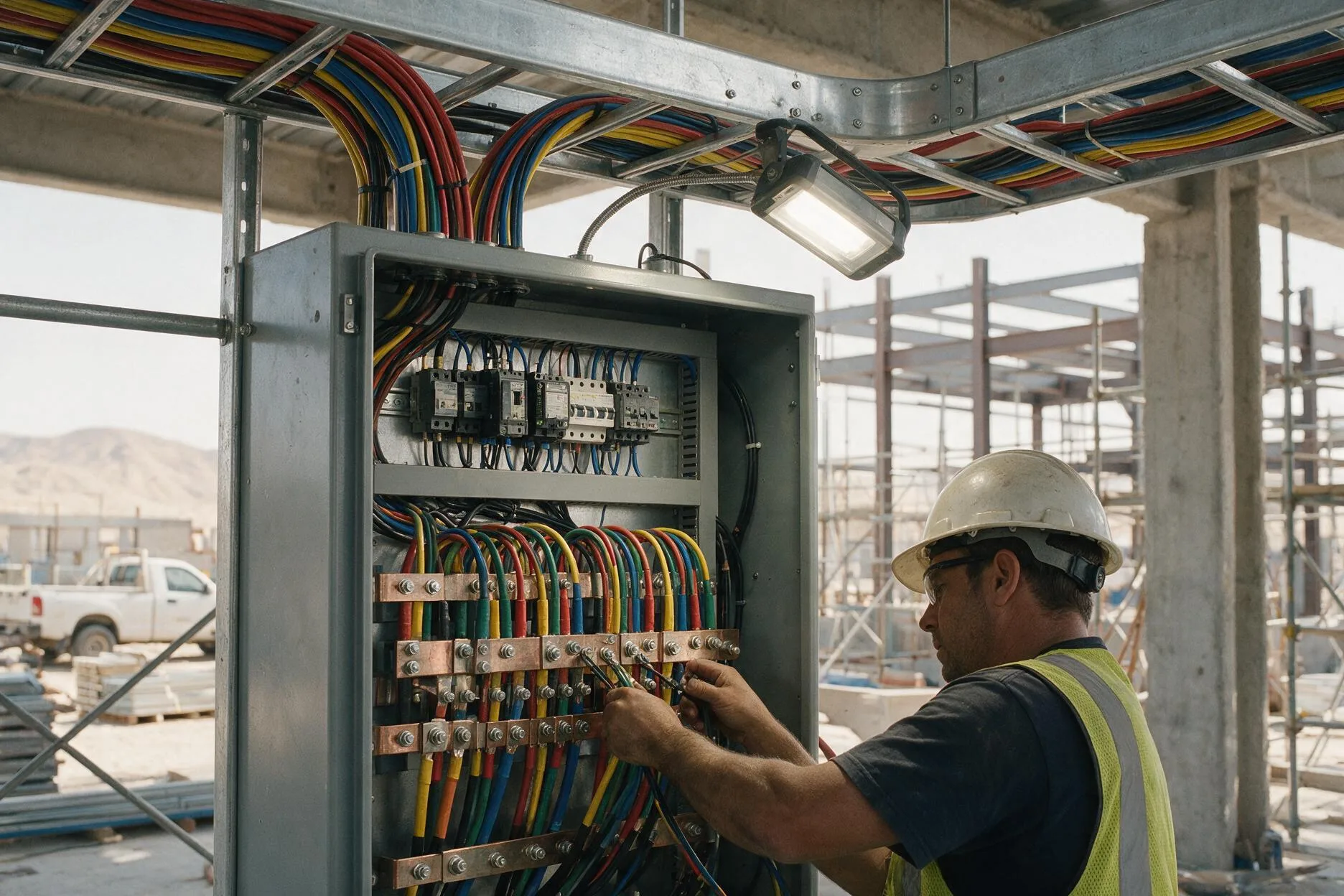 Electrician terminating cables inside an open low-voltage distribution panel on a Saudi site
