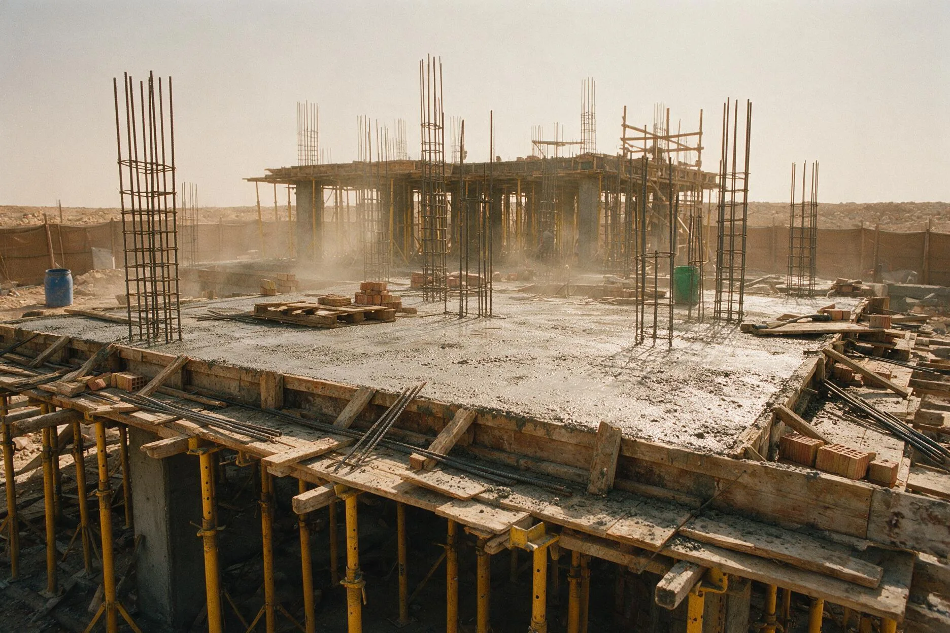 Timber shuttering and steel props supporting a freshly poured reinforced concrete slab on a Saudi construction site