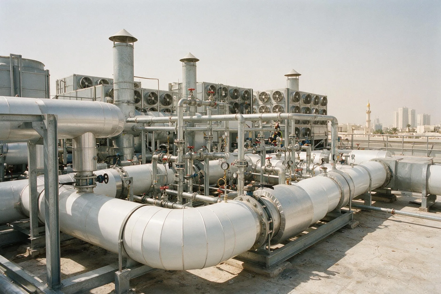 Rooftop chiller and air handling plant with insulated ductwork and pipework, checked by an NRGC technician