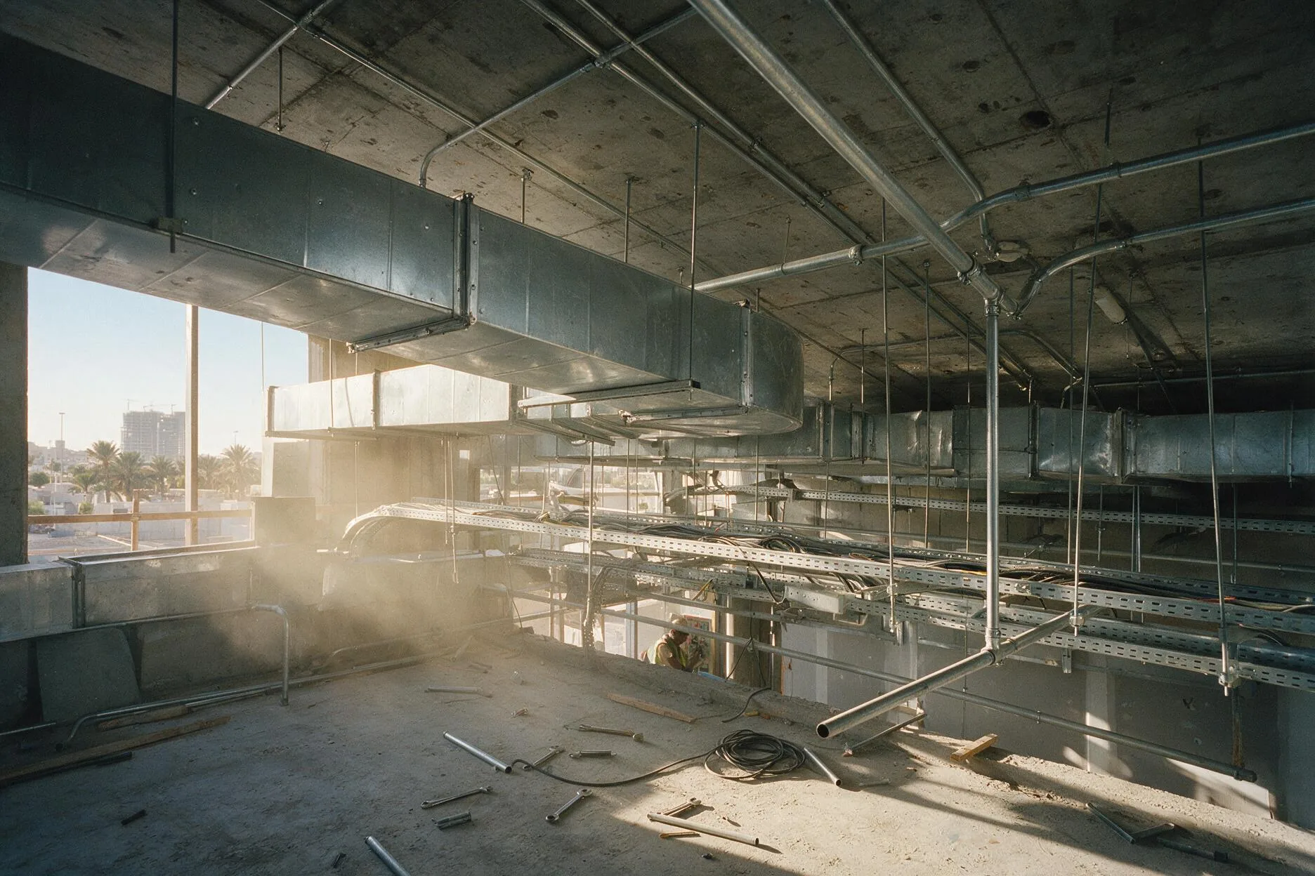 Galvanised HVAC ductwork, cable tray and conduit installed to a concrete soffit inside an unfinished building