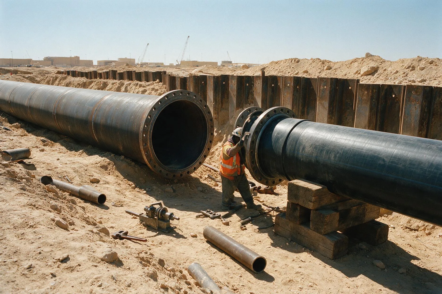 Large-diameter pipework being aligned and jointed in an open trench on a Saudi industrial site