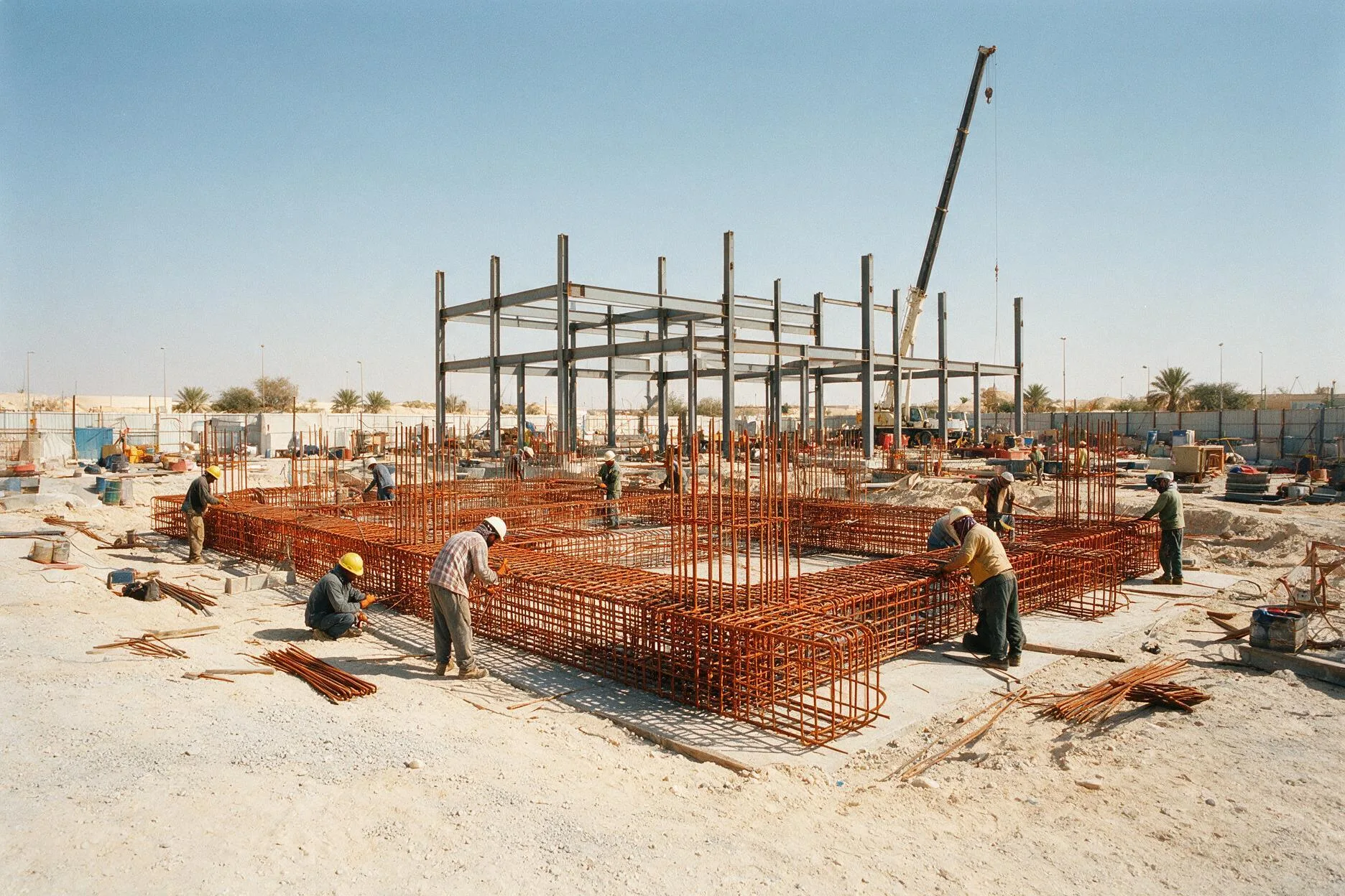 Steel fixers tying reinforcement cages for a foundation with a structural steel frame rising behind