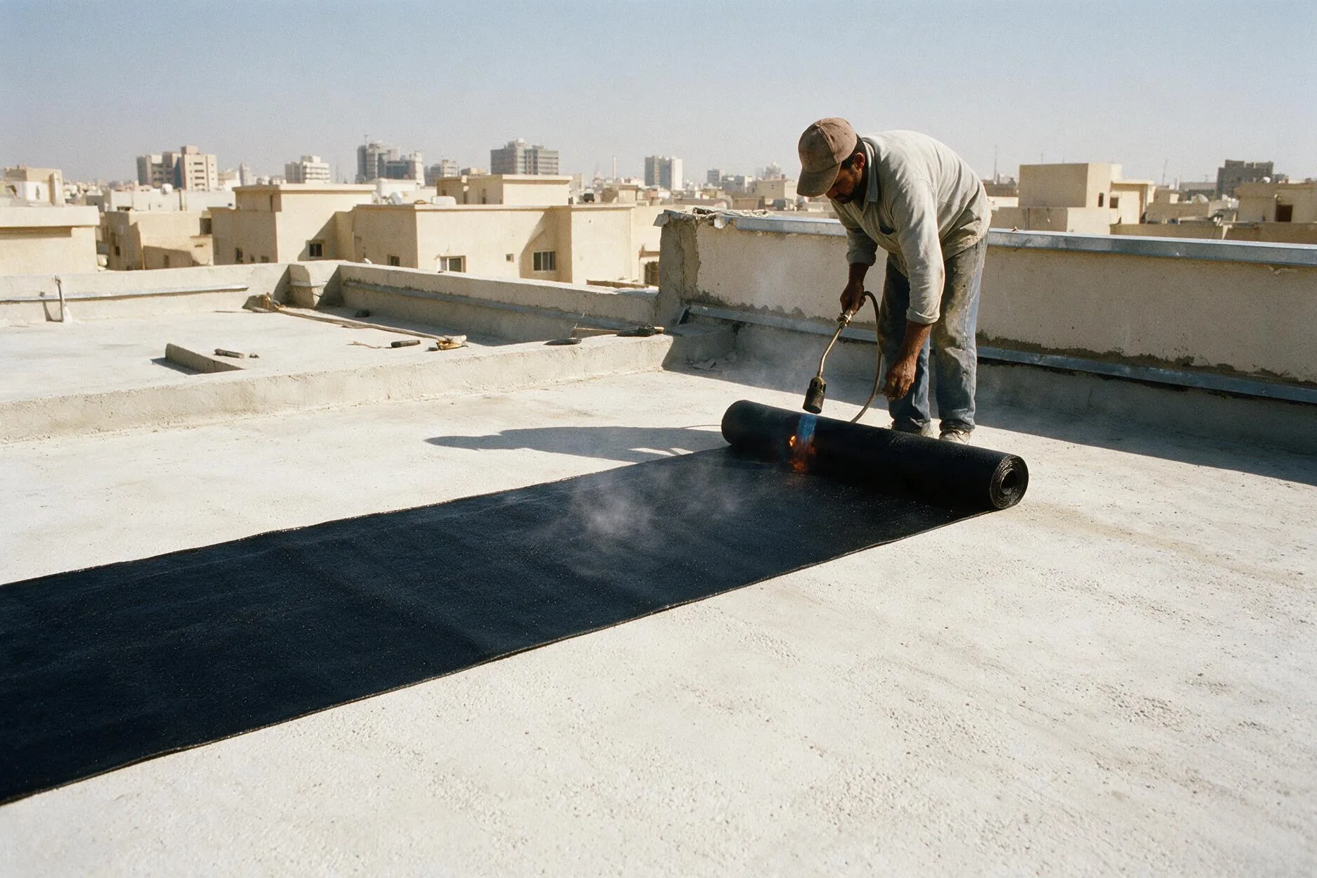 Worker torch-applying a bituminous waterproofing membrane to a flat concrete roof